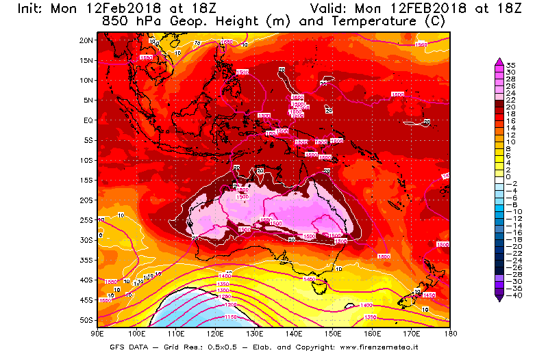 Mappa di analisi GFS - Geopotenziale [m] e Temperatura [°C] a 850 hPa in Oceania
									del 12/02/2018 18 <!--googleoff: index-->UTC<!--googleon: index-->