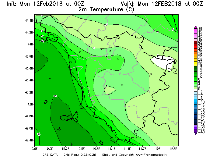 Mappa di analisi GFS - Temperatura a 2 metri dal suolo [°C] in Toscana
							del 12/02/2018 00 <!--googleoff: index-->UTC<!--googleon: index-->