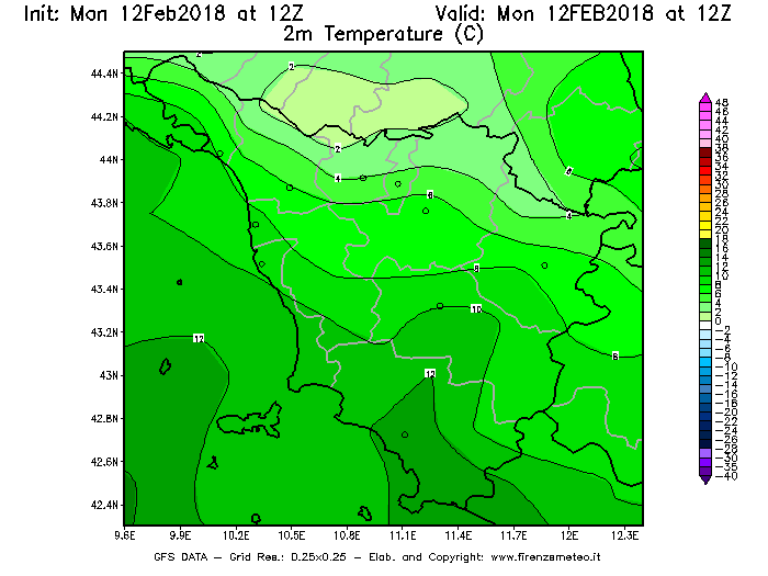 Mappa di analisi GFS - Temperatura a 2 metri dal suolo [°C] in Toscana
									del 12/02/2018 12 <!--googleoff: index-->UTC<!--googleon: index-->