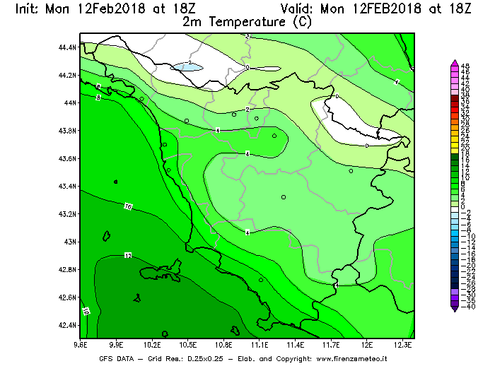 Mappa di analisi GFS - Temperatura a 2 metri dal suolo [°C] in Toscana
									del 12/02/2018 18 <!--googleoff: index-->UTC<!--googleon: index-->