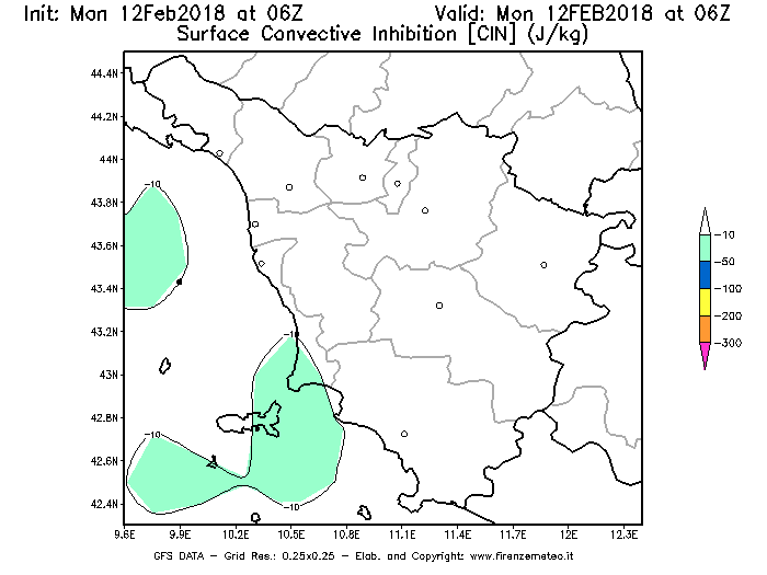 Mappa di analisi GFS - CIN [J/kg] in Toscana
									del 12/02/2018 06 <!--googleoff: index-->UTC<!--googleon: index-->