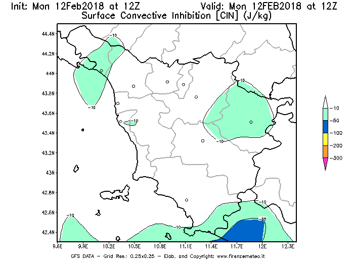Mappa di analisi GFS - CIN [J/kg] in Toscana
									del 12/02/2018 12 <!--googleoff: index-->UTC<!--googleon: index-->