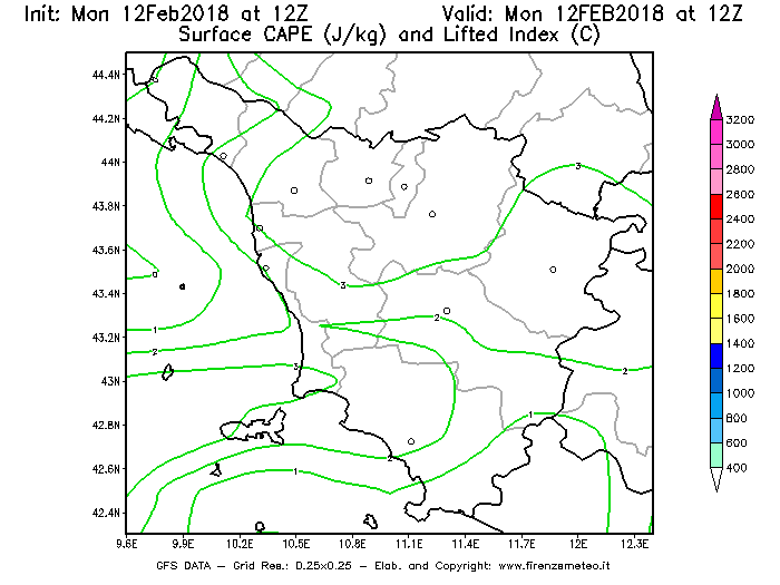 Mappa di analisi GFS - CAPE [J/kg] e Lifted Index [°C] in Toscana
									del 12/02/2018 12 <!--googleoff: index-->UTC<!--googleon: index-->