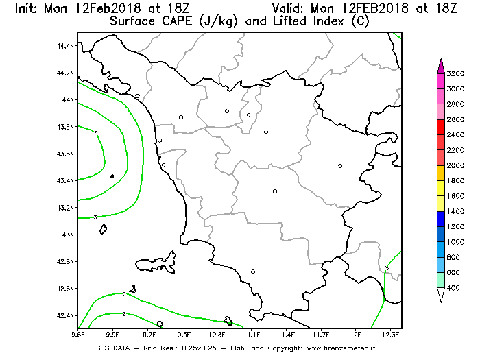 Mappa di analisi GFS - CAPE [J/kg] e Lifted Index [°C] in Toscana
							del 12/02/2018 18 <!--googleoff: index-->UTC<!--googleon: index-->