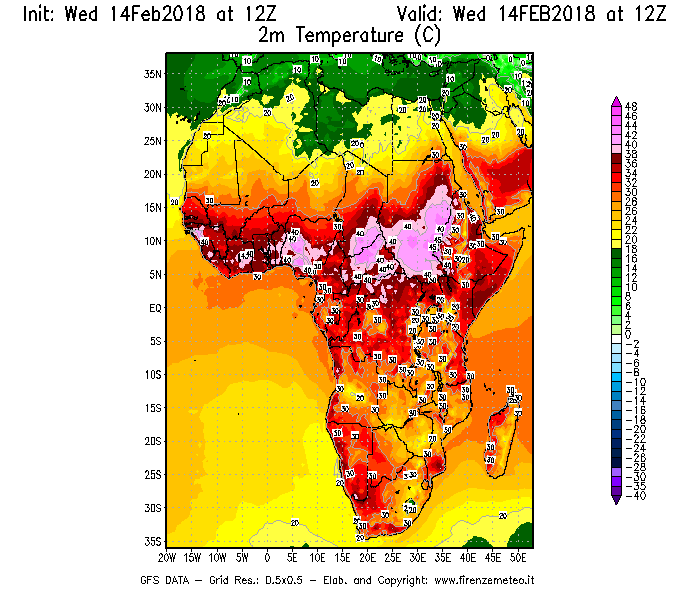 Mappa di analisi GFS - Temperatura a 2 metri dal suolo [°C] in Africa
									del 14/02/2018 12 <!--googleoff: index-->UTC<!--googleon: index-->
