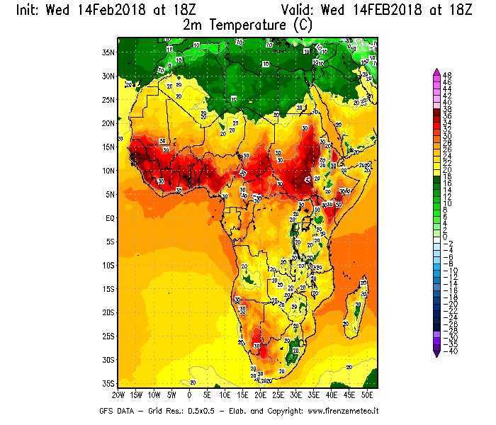 Mappa di analisi GFS - Temperatura a 2 metri dal suolo [°C] in Africa
									del 14/02/2018 18 <!--googleoff: index-->UTC<!--googleon: index-->