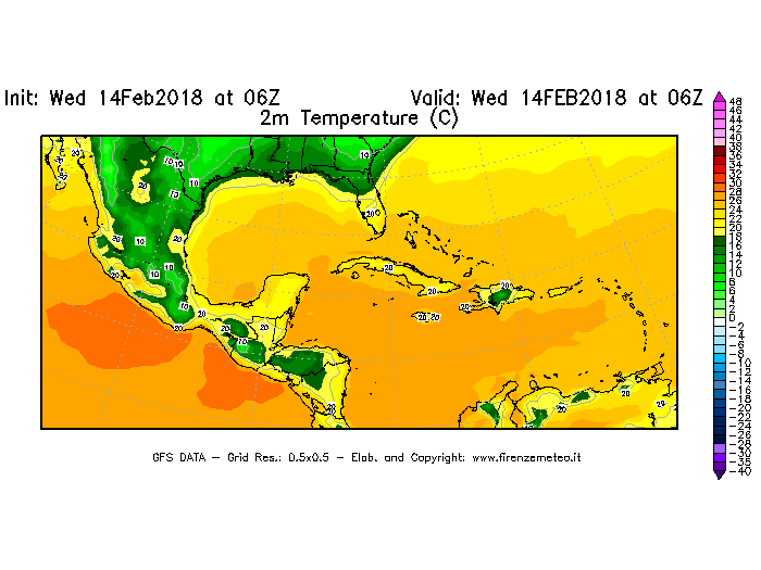Mappa di analisi GFS - Temperatura a 2 metri dal suolo [°C] in Centro-America
									del 14/02/2018 06 <!--googleoff: index-->UTC<!--googleon: index-->