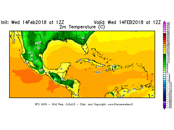 Mappa di analisi GFS - Temperatura a 2 metri dal suolo [°C] in Centro-America
									del 14/02/2018 12 <!--googleoff: index-->UTC<!--googleon: index-->