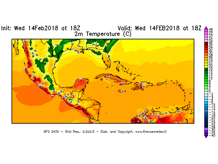 Mappa di analisi GFS - Temperatura a 2 metri dal suolo [°C] in Centro-America
									del 14/02/2018 18 <!--googleoff: index-->UTC<!--googleon: index-->