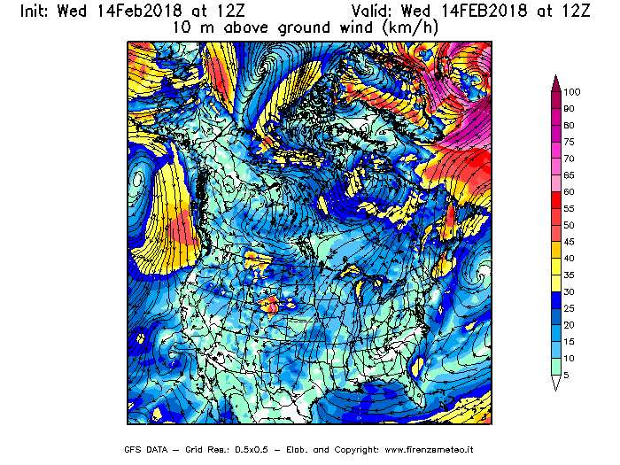 Mappa di analisi GFS - Velocità del vento a 10 metri dal suolo [km/h] in Nord-America
									del 14/02/2018 12 <!--googleoff: index-->UTC<!--googleon: index-->