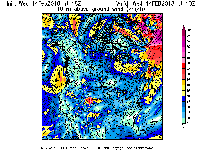 Mappa di analisi GFS - Velocità del vento a 10 metri dal suolo [km/h] in Nord-America
									del 14/02/2018 18 <!--googleoff: index-->UTC<!--googleon: index-->
