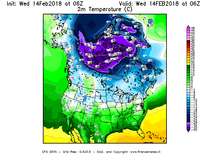 Mappa di analisi GFS - Temperatura a 2 metri dal suolo [°C] in Nord-America
									del 14/02/2018 06 <!--googleoff: index-->UTC<!--googleon: index-->