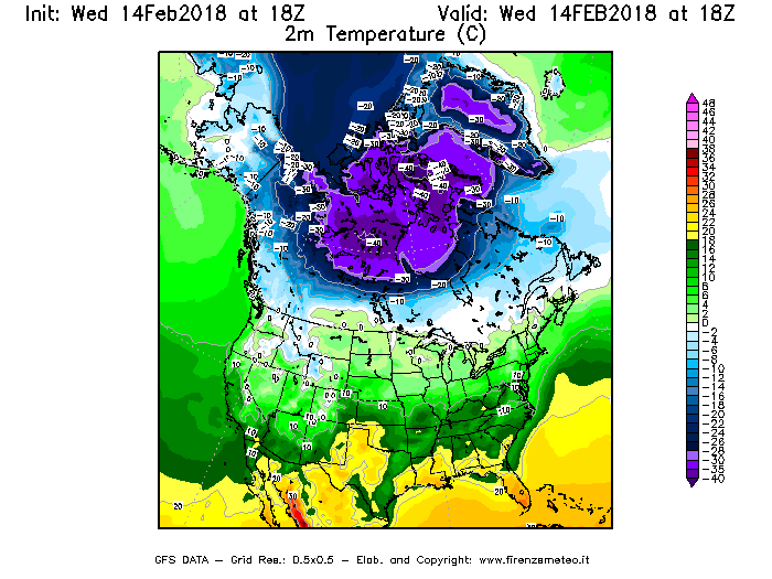 Mappa di analisi GFS - Temperatura a 2 metri dal suolo [°C] in Nord-America
									del 14/02/2018 18 <!--googleoff: index-->UTC<!--googleon: index-->