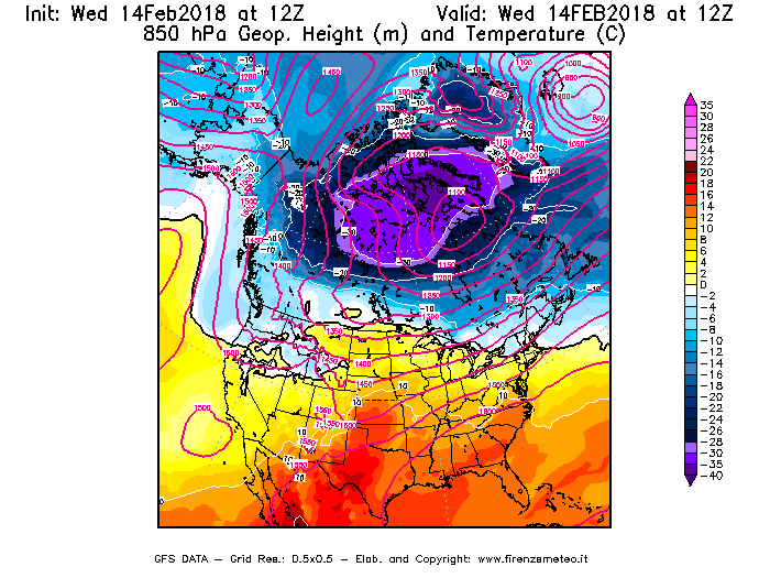 Mappa di analisi GFS - Geopotenziale [m] e Temperatura [°C] a 850 hPa in Nord-America
									del 14/02/2018 12 <!--googleoff: index-->UTC<!--googleon: index-->
