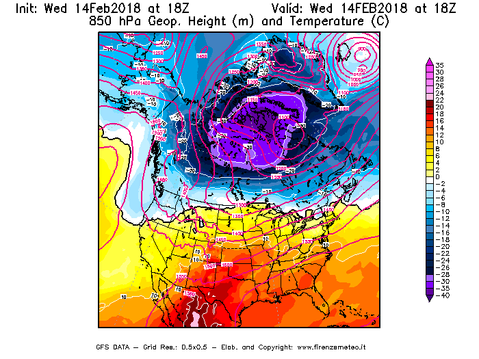 Mappa di analisi GFS - Geopotenziale [m] e Temperatura [°C] a 850 hPa in Nord-America
									del 14/02/2018 18 <!--googleoff: index-->UTC<!--googleon: index-->