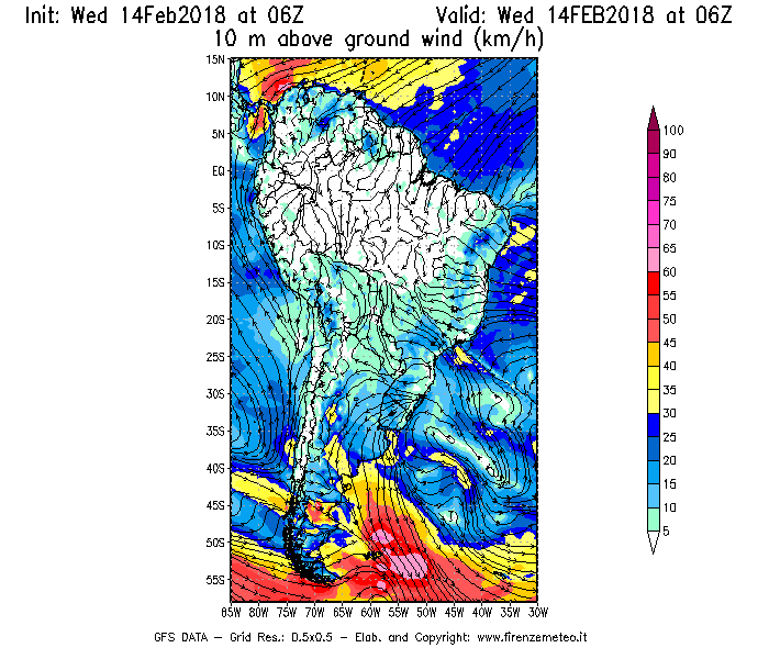 Mappa di analisi GFS - Velocità del vento a 10 metri dal suolo [km/h] in Sud-America
									del 14/02/2018 06 <!--googleoff: index-->UTC<!--googleon: index-->