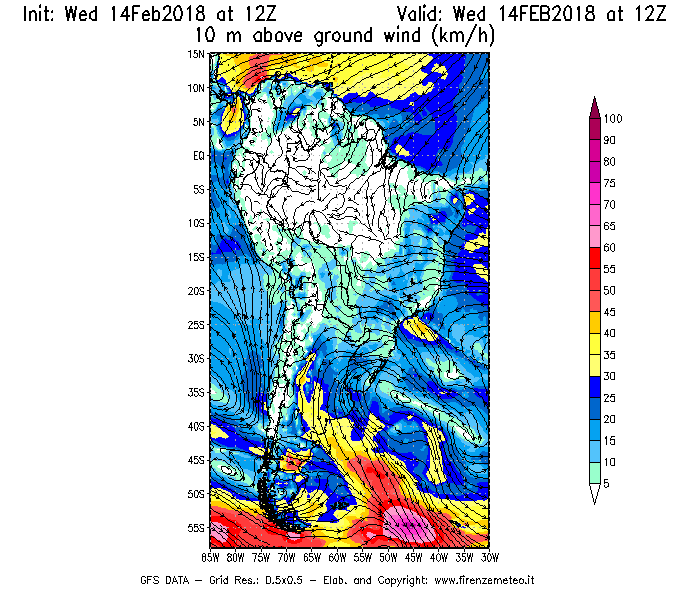 Mappa di analisi GFS - Velocità del vento a 10 metri dal suolo [km/h] in Sud-America
									del 14/02/2018 12 <!--googleoff: index-->UTC<!--googleon: index-->