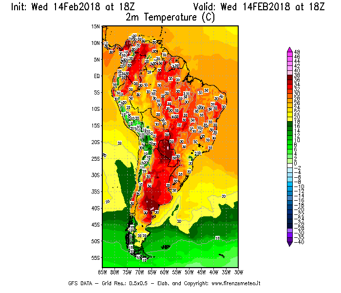 Mappa di analisi GFS - Temperatura a 2 metri dal suolo [°C] in Sud-America
									del 14/02/2018 18 <!--googleoff: index-->UTC<!--googleon: index-->