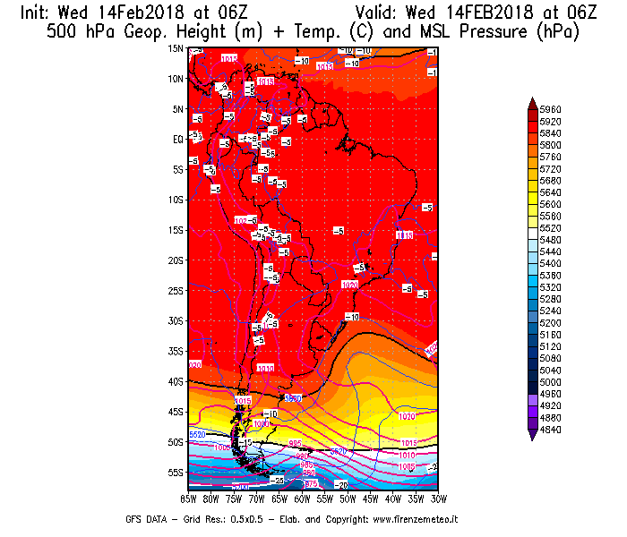 Mappa di analisi GFS - Geopotenziale [m] + Temp. [°C] a 500 hPa + Press. a livello del mare [hPa] in Sud-America
									del 14/02/2018 06 <!--googleoff: index-->UTC<!--googleon: index-->