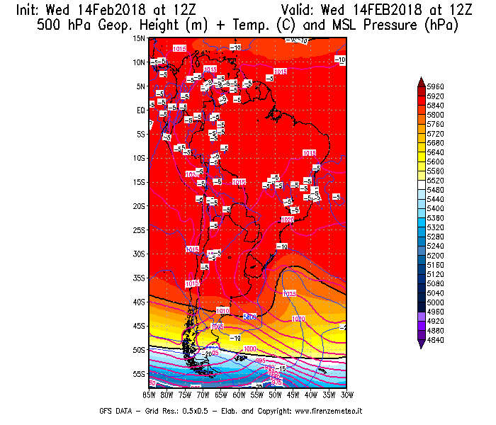 Mappa di analisi GFS - Geopotenziale [m] + Temp. [°C] a 500 hPa + Press. a livello del mare [hPa] in Sud-America
									del 14/02/2018 12 <!--googleoff: index-->UTC<!--googleon: index-->