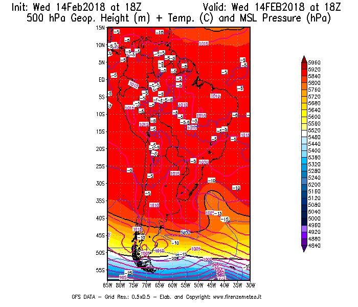 Mappa di analisi GFS - Geopotenziale [m] + Temp. [°C] a 500 hPa + Press. a livello del mare [hPa] in Sud-America
									del 14/02/2018 18 <!--googleoff: index-->UTC<!--googleon: index-->
