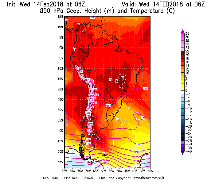 Mappa di analisi GFS - Geopotenziale [m] e Temperatura [°C] a 850 hPa in Sud-America
									del 14/02/2018 06 <!--googleoff: index-->UTC<!--googleon: index-->