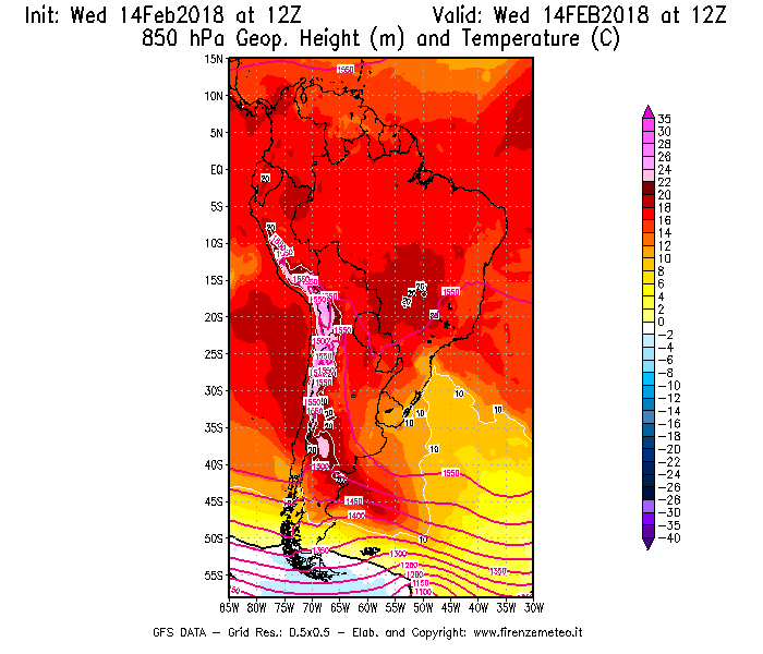 Mappa di analisi GFS - Geopotenziale [m] e Temperatura [°C] a 850 hPa in Sud-America
									del 14/02/2018 12 <!--googleoff: index-->UTC<!--googleon: index-->