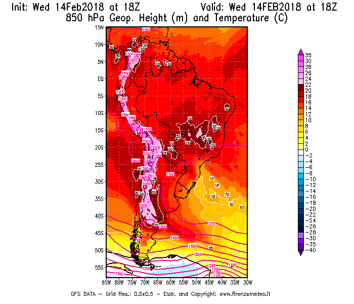 Mappa di analisi GFS - Geopotenziale [m] e Temperatura [°C] a 850 hPa in Sud-America
									del 14/02/2018 18 <!--googleoff: index-->UTC<!--googleon: index-->