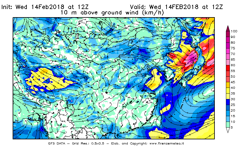 Mappa di analisi GFS - Velocità del vento a 10 metri dal suolo [km/h] in Asia Orientale
									del 14/02/2018 12 <!--googleoff: index-->UTC<!--googleon: index-->
