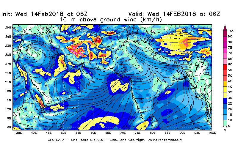 Mappa di analisi GFS - Velocità del vento a 10 metri dal suolo [km/h] in Asia Sud-Occidentale
									del 14/02/2018 06 <!--googleoff: index-->UTC<!--googleon: index-->