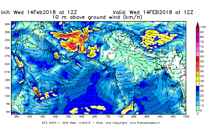 Mappa di analisi GFS - Velocità del vento a 10 metri dal suolo [km/h] in Asia Sud-Occidentale
									del 14/02/2018 12 <!--googleoff: index-->UTC<!--googleon: index-->