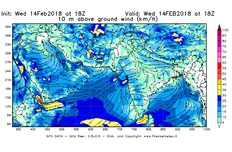 Mappa di analisi GFS - Velocità del vento a 10 metri dal suolo [km/h] in Asia Sud-Occidentale
									del 14/02/2018 18 <!--googleoff: index-->UTC<!--googleon: index-->