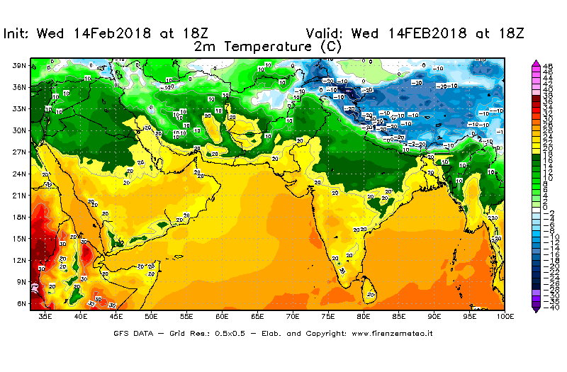 Mappa di analisi GFS - Temperatura a 2 metri dal suolo [°C] in Asia Sud-Occidentale
									del 14/02/2018 18 <!--googleoff: index-->UTC<!--googleon: index-->
