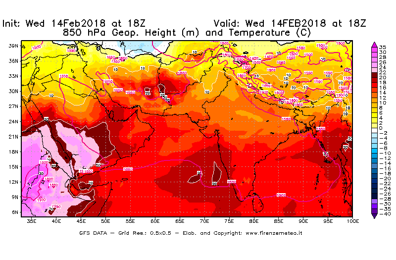 Mappa di analisi GFS - Geopotenziale [m] e Temperatura [°C] a 850 hPa in Asia Sud-Occidentale
									del 14/02/2018 18 <!--googleoff: index-->UTC<!--googleon: index-->