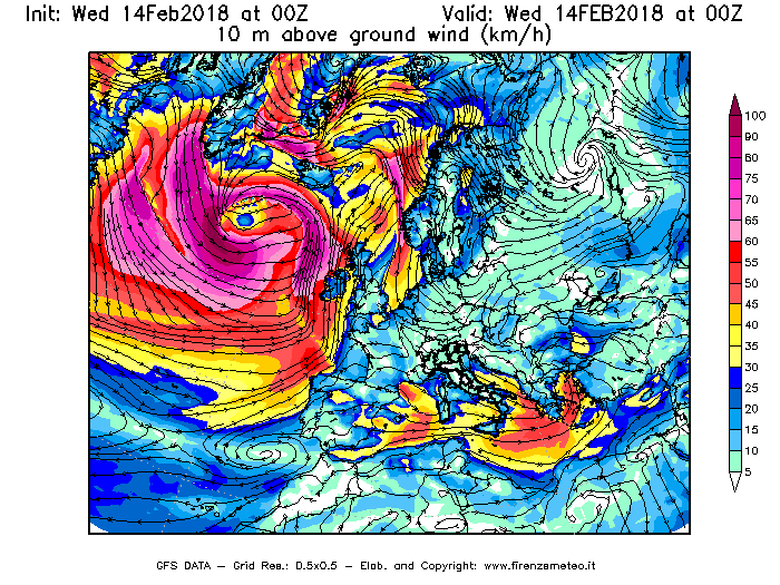 Mappa di analisi GFS - Velocità del vento a 10 metri dal suolo [km/h] in Europa
									del 14/02/2018 00 <!--googleoff: index-->UTC<!--googleon: index-->