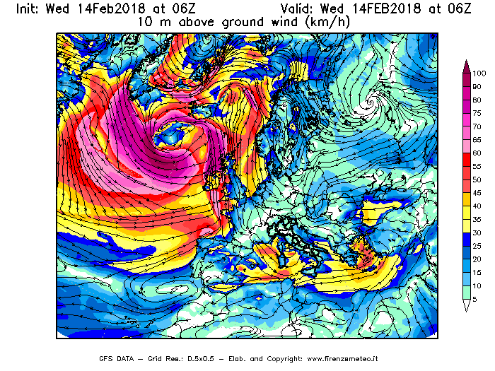 Mappa di analisi GFS - Velocità del vento a 10 metri dal suolo [km/h] in Europa
									del 14/02/2018 06 <!--googleoff: index-->UTC<!--googleon: index-->