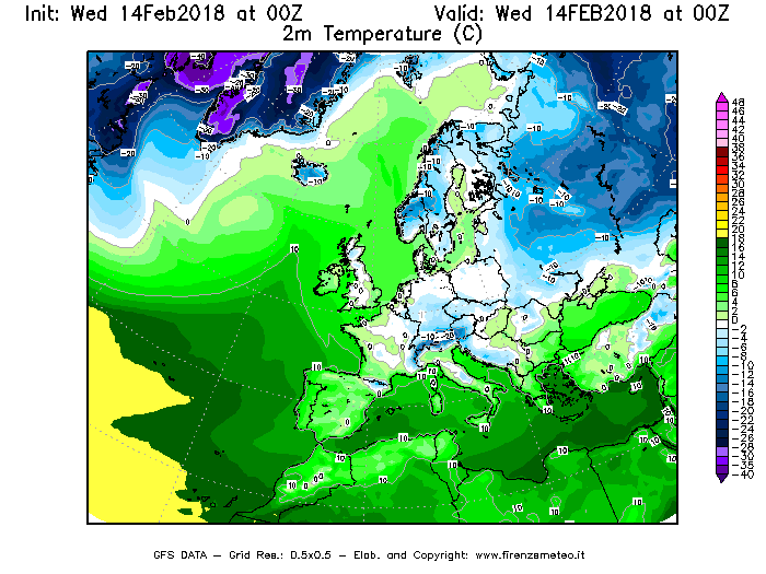 Mappa di analisi GFS - Temperatura a 2 metri dal suolo [°C] in Europa
									del 14/02/2018 00 <!--googleoff: index-->UTC<!--googleon: index-->