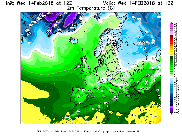 Mappa di analisi GFS - Temperatura a 2 metri dal suolo [°C] in Europa
									del 14/02/2018 12 <!--googleoff: index-->UTC<!--googleon: index-->