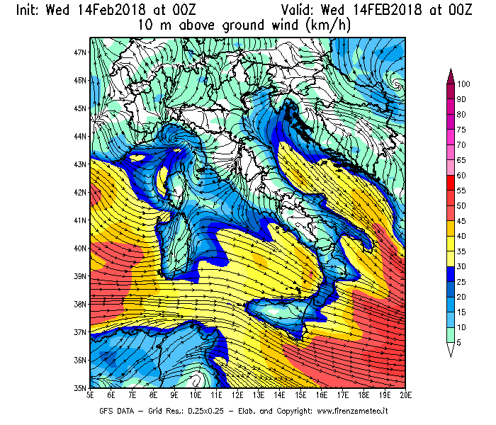 Mappa di analisi GFS - Velocità del vento a 10 metri dal suolo [km/h] in Italia
									del 14/02/2018 00 <!--googleoff: index-->UTC<!--googleon: index-->
