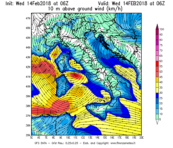 Mappa di analisi GFS - Velocità del vento a 10 metri dal suolo [km/h] in Italia
									del 14/02/2018 06 <!--googleoff: index-->UTC<!--googleon: index-->