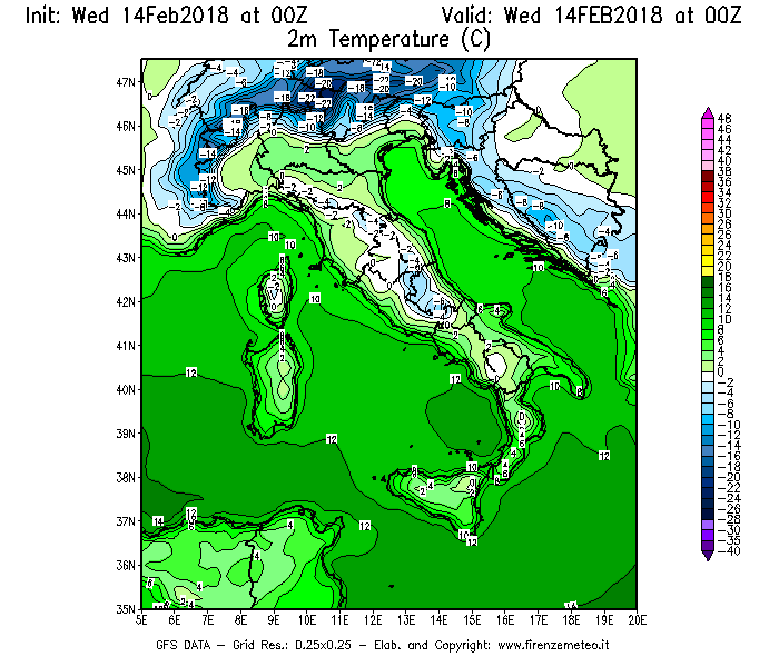 Mappa di analisi GFS - Temperatura a 2 metri dal suolo [°C] in Italia
									del 14/02/2018 00 <!--googleoff: index-->UTC<!--googleon: index-->