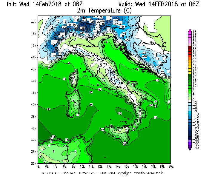 Mappa di analisi GFS - Temperatura a 2 metri dal suolo [°C] in Italia
									del 14/02/2018 06 <!--googleoff: index-->UTC<!--googleon: index-->