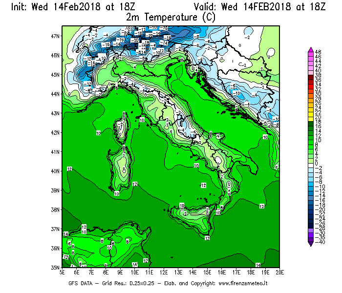 Mappa di analisi GFS - Temperatura a 2 metri dal suolo [°C] in Italia
									del 14/02/2018 18 <!--googleoff: index-->UTC<!--googleon: index-->