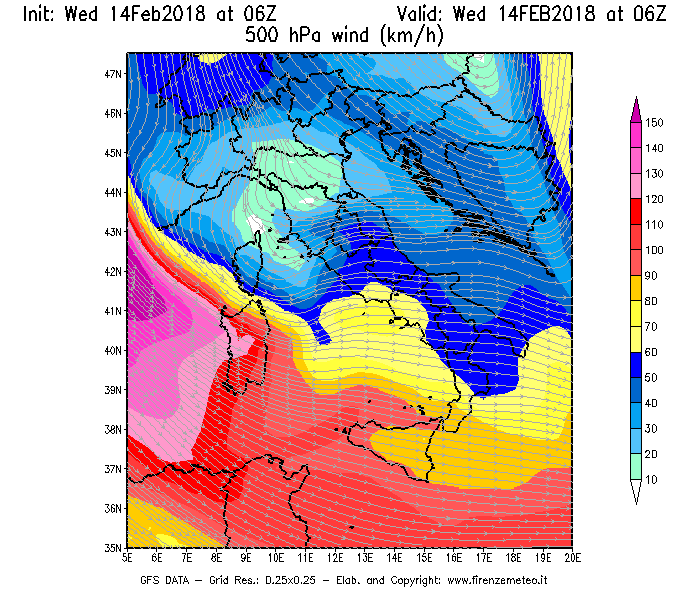 Mappa di analisi GFS - Velocità del vento a 500 hPa [km/h] in Italia
									del 14/02/2018 06 <!--googleoff: index-->UTC<!--googleon: index-->