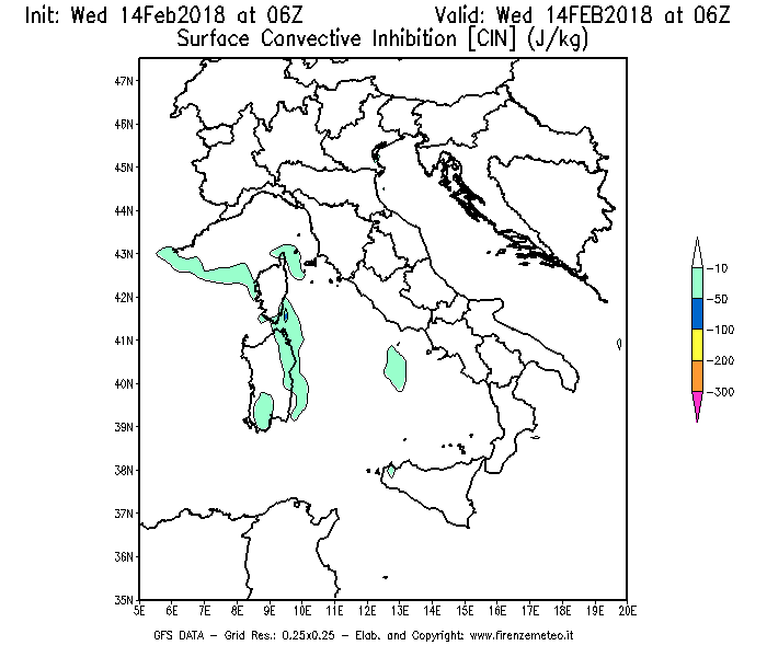 Mappa di analisi GFS - CIN [J/kg] in Italia
									del 14/02/2018 06 <!--googleoff: index-->UTC<!--googleon: index-->
