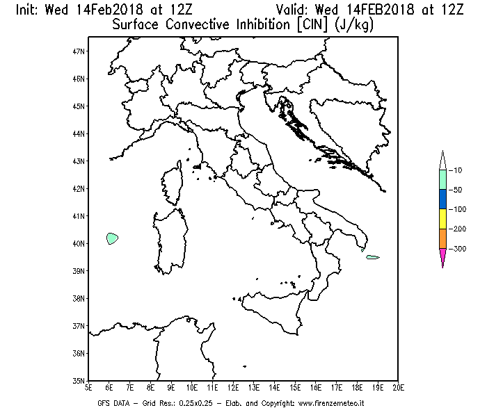 Mappa di analisi GFS - CIN [J/kg] in Italia
									del 14/02/2018 12 <!--googleoff: index-->UTC<!--googleon: index-->