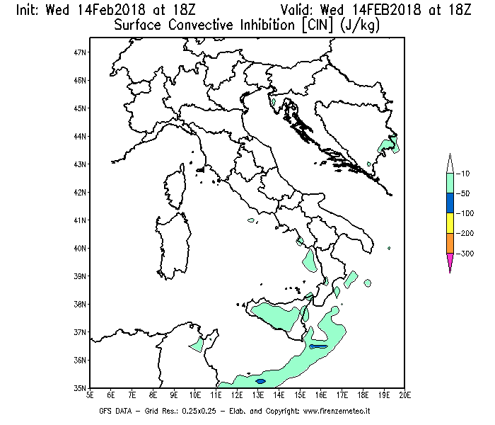 Mappa di analisi GFS - CIN [J/kg] in Italia
									del 14/02/2018 18 <!--googleoff: index-->UTC<!--googleon: index-->