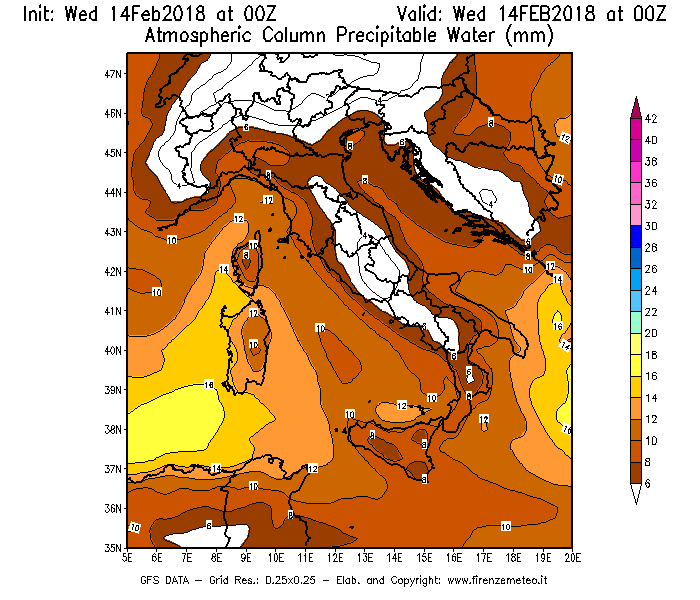 Mappa di analisi GFS - Precipitable Water [mm] in Italia
									del 14/02/2018 00 <!--googleoff: index-->UTC<!--googleon: index-->