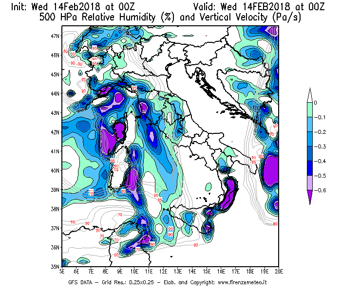 Mappa di analisi GFS - Umidità relativa [%] e Omega [Pa/s] a 500 hPa in Italia
									del 14/02/2018 00 <!--googleoff: index-->UTC<!--googleon: index-->