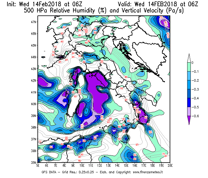 Mappa di analisi GFS - Umidità relativa [%] e Omega [Pa/s] a 500 hPa in Italia
									del 14/02/2018 06 <!--googleoff: index-->UTC<!--googleon: index-->